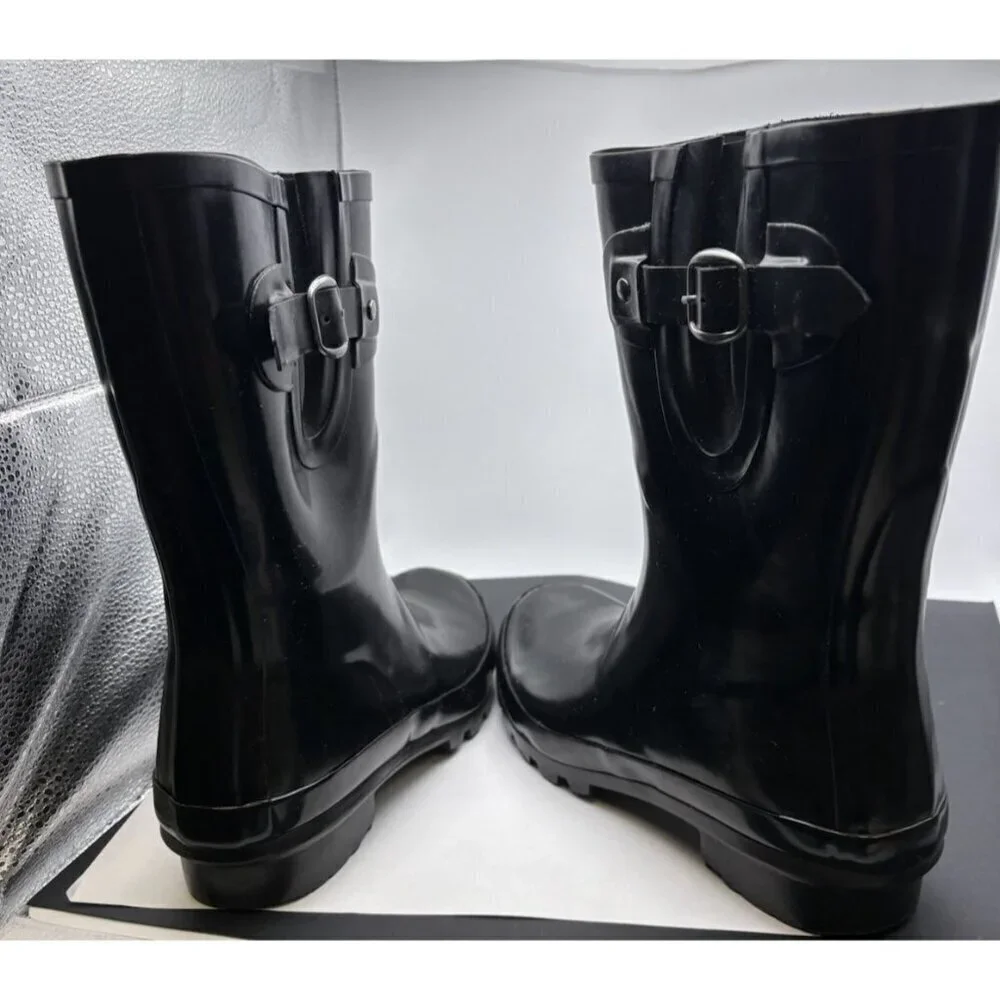 London Fog Women Mid Calf Rain Boots Tally Size US 7M Black Rubber